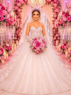 Barbie Inspired Ivory with Pink Crystals Wedding Dress Size 12 Pink Corset Back
